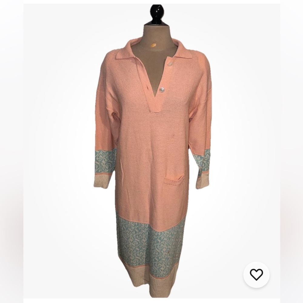 Vintage Grandmacore STEVE FABRIKANT coral blue Knit Wool sweater midi dress S M